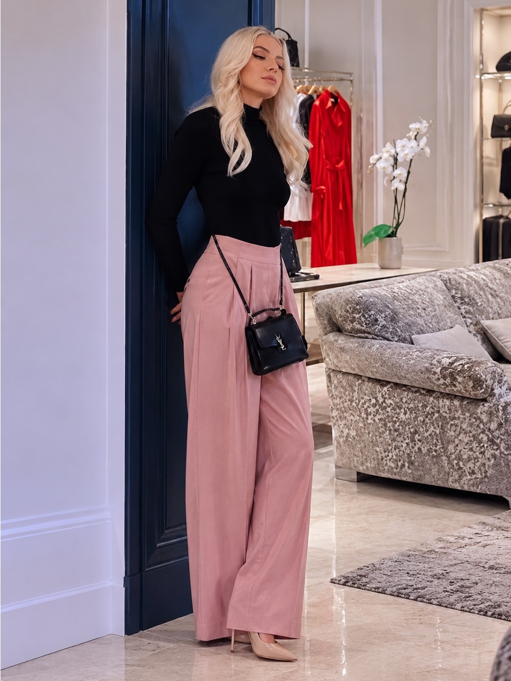 The Frankie Shop Blush Pink Wide-Leg High-Waist Trousers